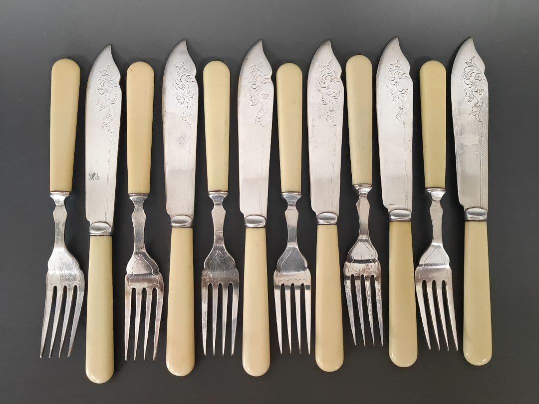 英国ヴィンテージ 純銀P セルロイドハンドル ディナーナイフ フォーク 12本