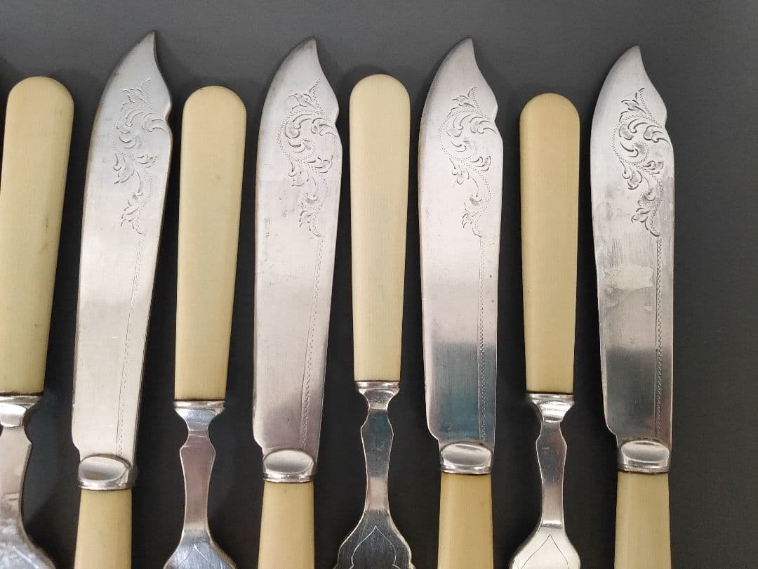英国ヴィンテージ 純銀P セルロイドハンドル ディナーナイフ フォーク 12本