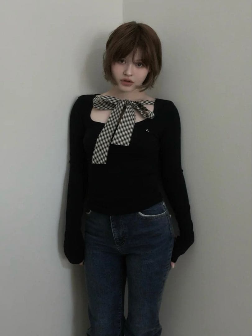即日発送❣️ andmary Ami ribbon check tops ブラック
