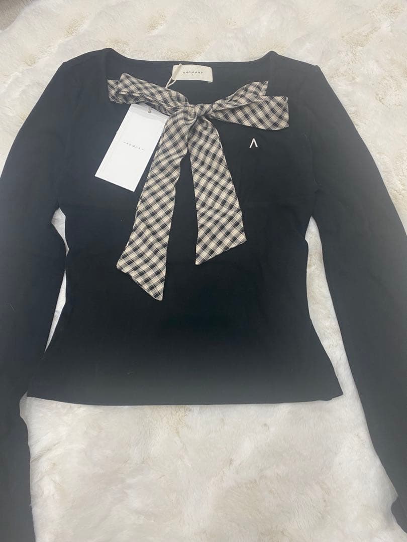 即日発送❣️ andmary Ami ribbon check tops ブラック
