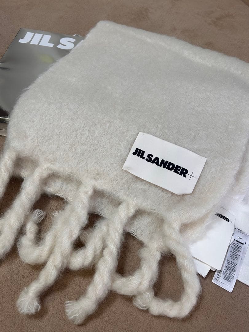 JIL SANDER+ ホワイト マフラー フリンジ付き