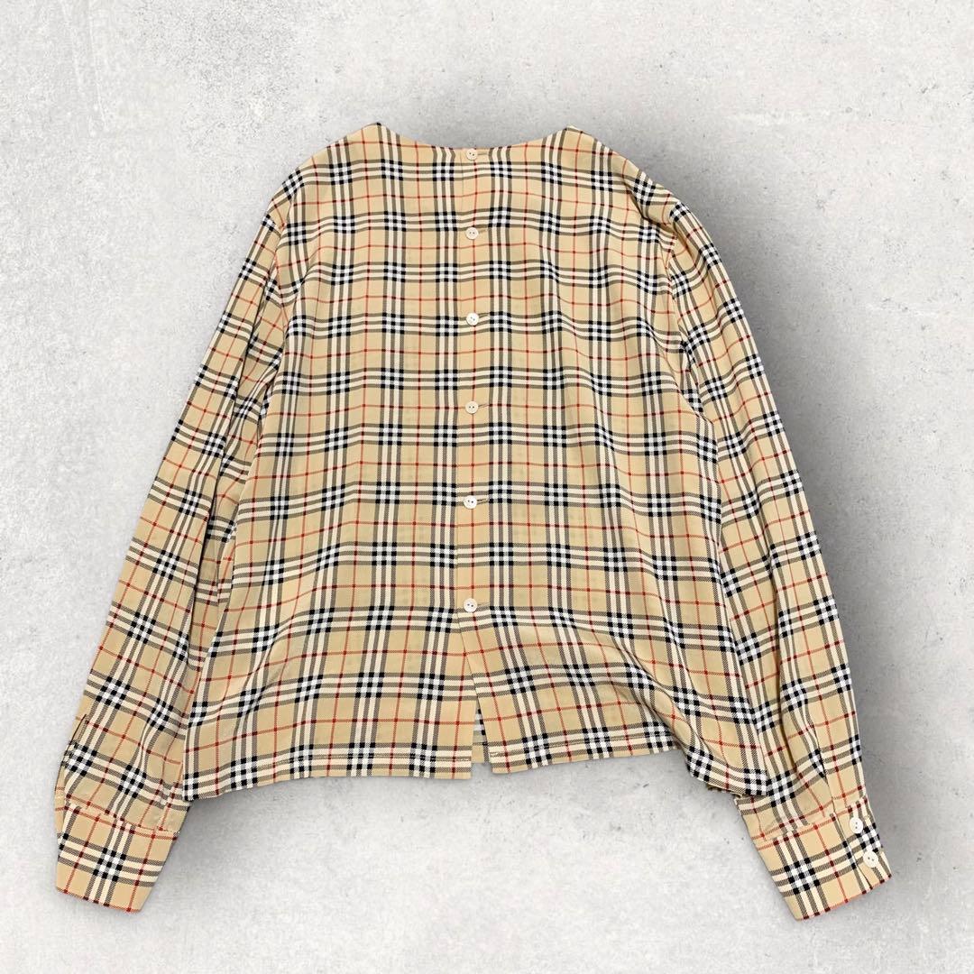 【美品　シルク100%】バーバリー　ノーカラー長袖シャツ　ノバチェック　ベージュ