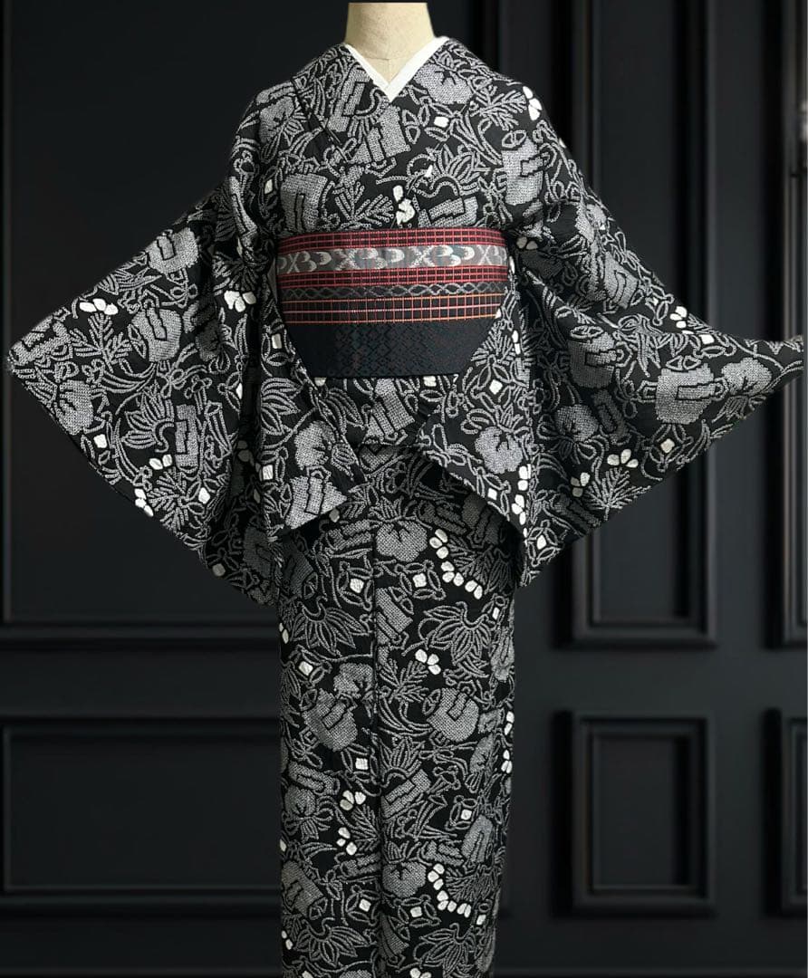 希少❣️トールサイズ✨宝尽くし　黒に白 有松鳴海絞り浴衣逸品‼️新品美品‼️