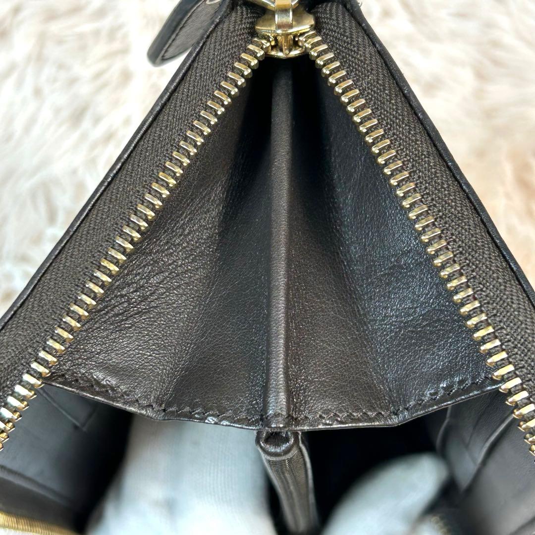 グッチ　マイクロGGシマ　レザー　ラウンドジップ長財布　ブラウン