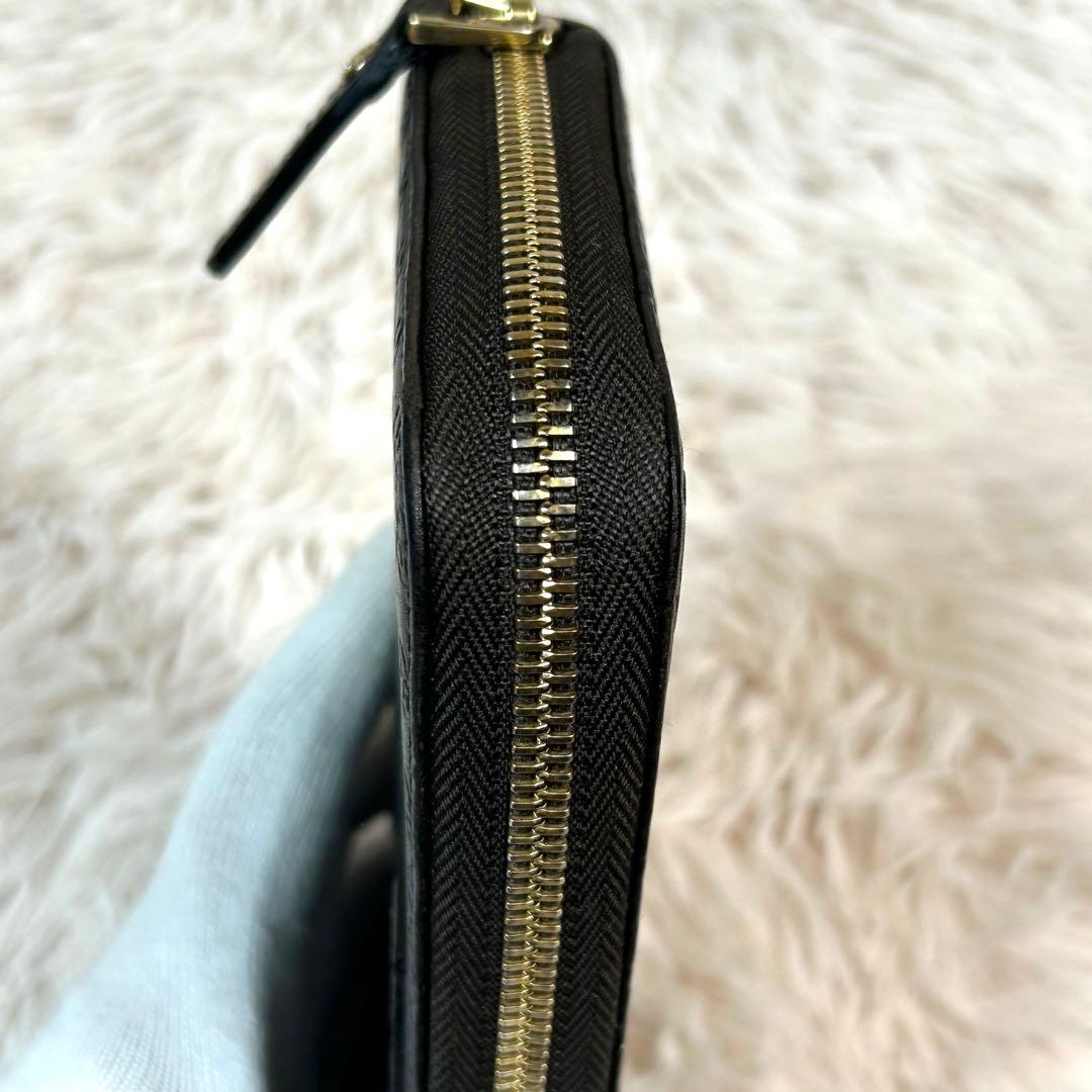 グッチ　マイクロGGシマ　レザー　ラウンドジップ長財布　ブラウン