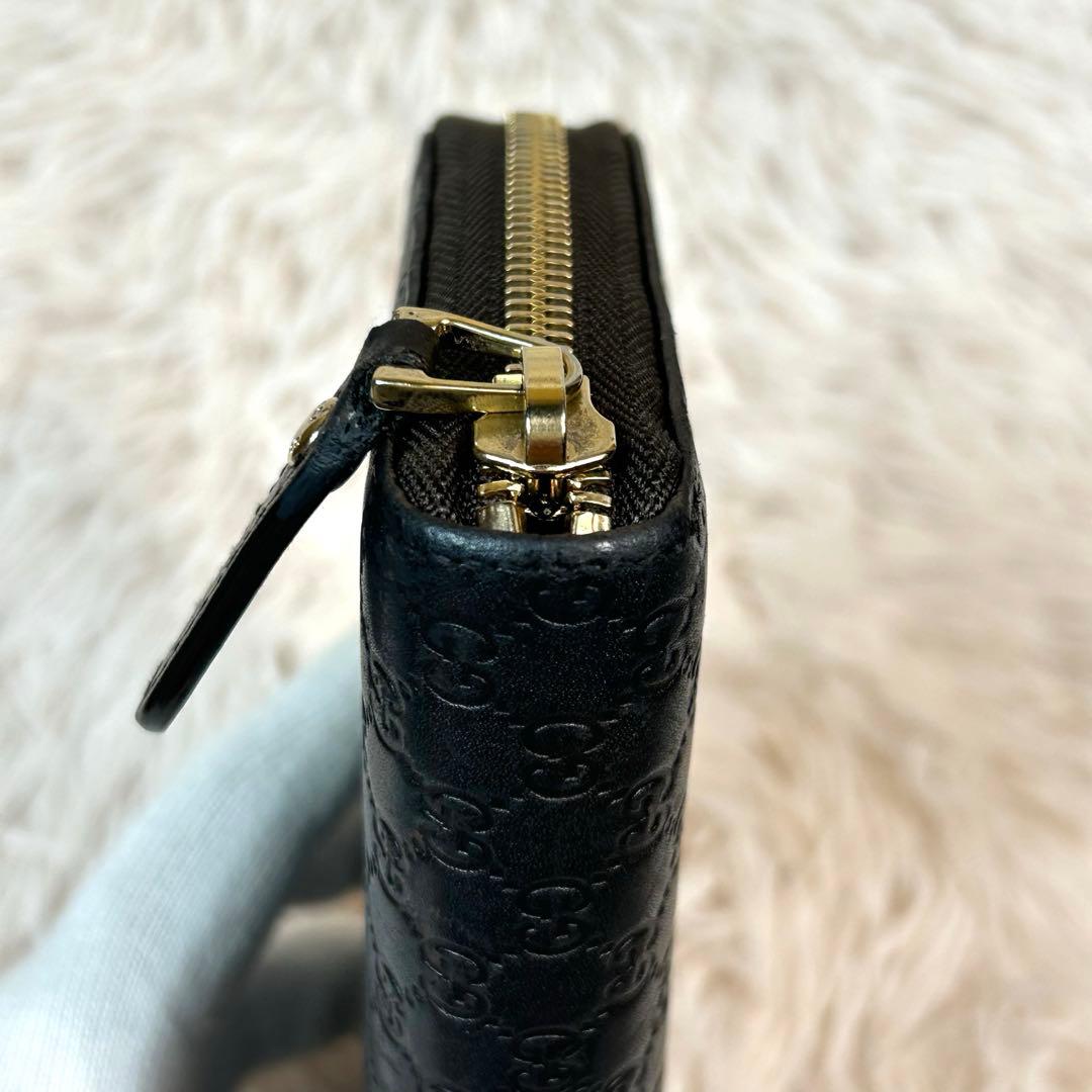 グッチ　マイクロGGシマ　レザー　ラウンドジップ長財布　ブラウン