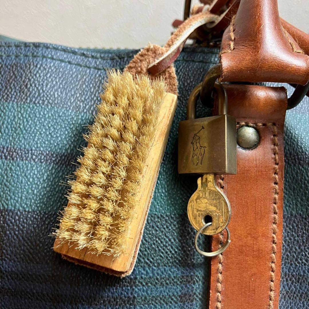 ポロラルフローレン　大容量　ボストンバッグ　チェック　レザー　PVC グリーン