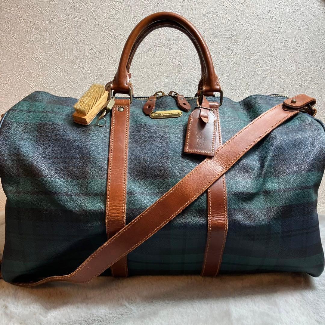 ポロラルフローレン　大容量　ボストンバッグ　チェック　レザー　PVC グリーン