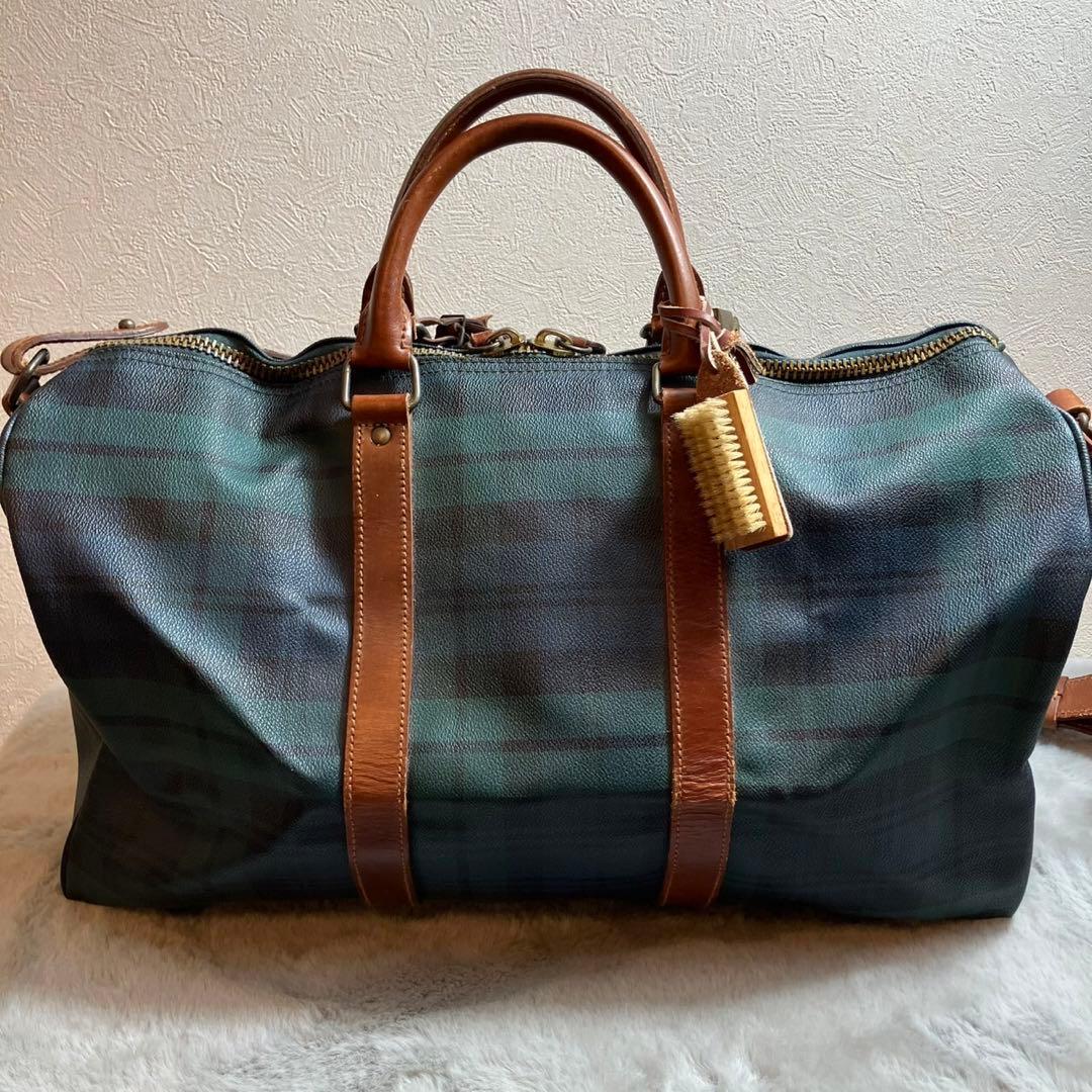 ポロラルフローレン　大容量　ボストンバッグ　チェック　レザー　PVC グリーン