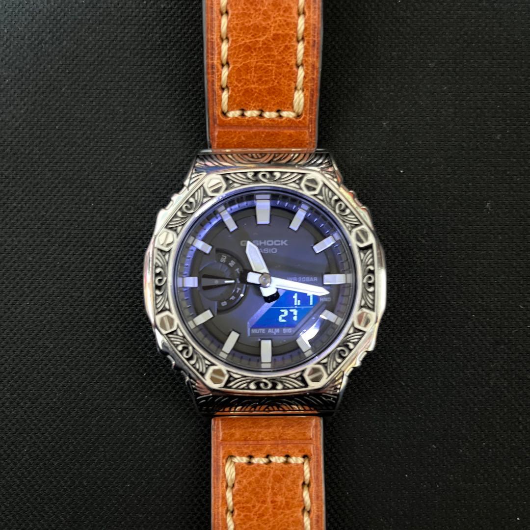 gshock カスタム　レザーベルト　エンボス加工　ジーショック　GA-2100