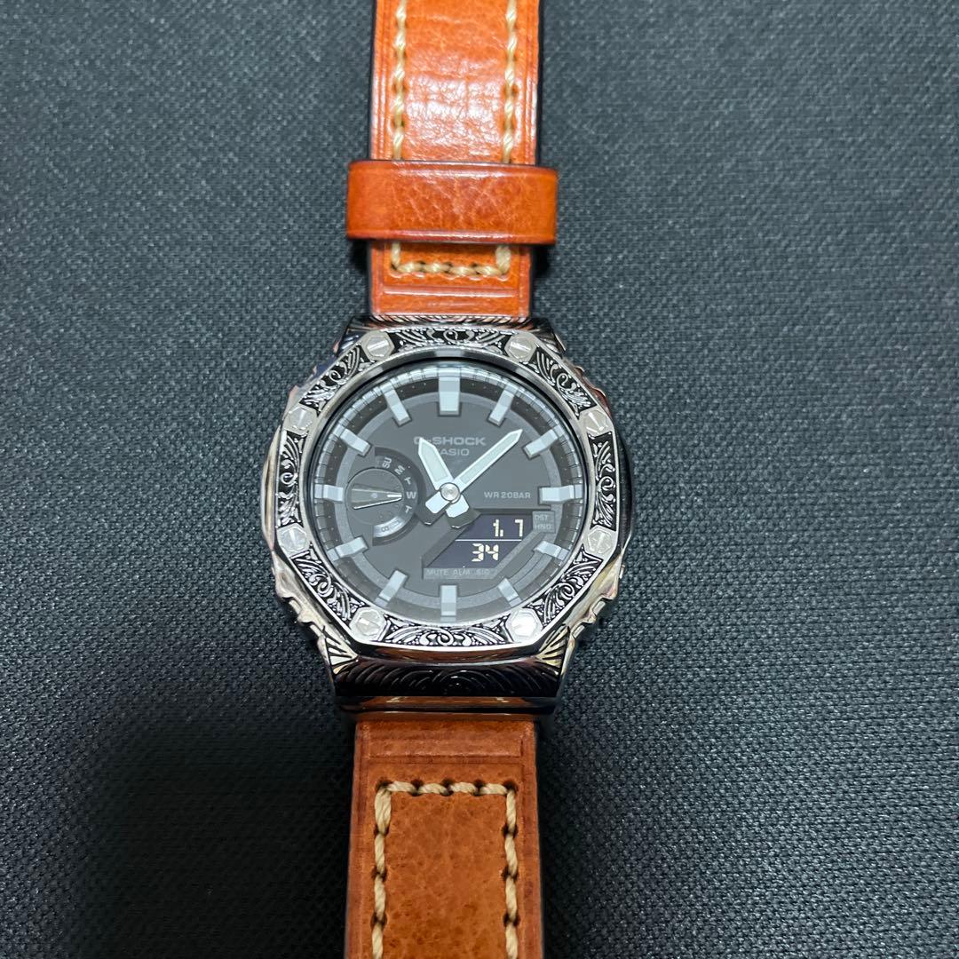 gshock カスタム　レザーベルト　エンボス加工　ジーショック　GA-2100