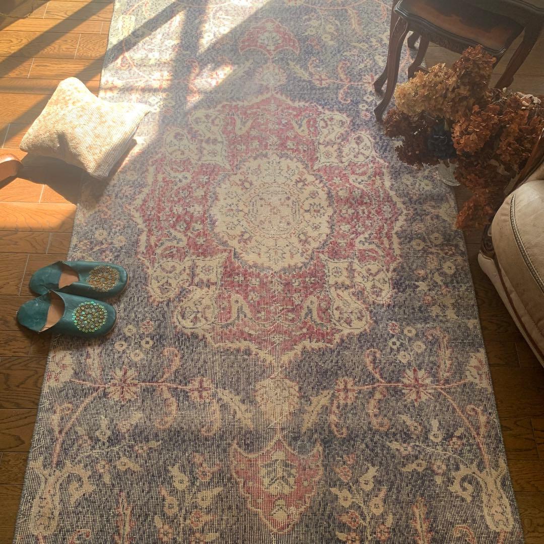 大判　ロング　251×112 トルコヴィンテージラグ　インディゴ　ローズレッド