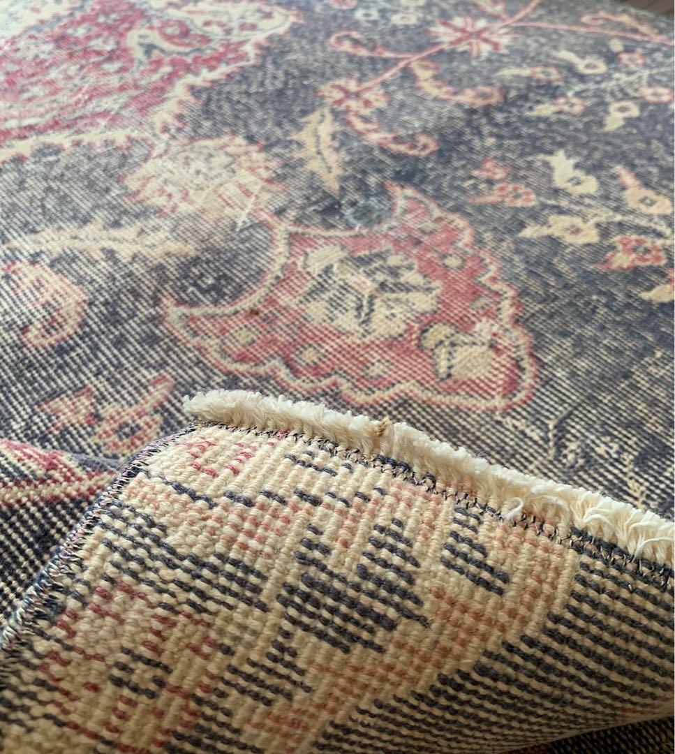 大判　ロング　251×112 トルコヴィンテージラグ　インディゴ　ローズレッド