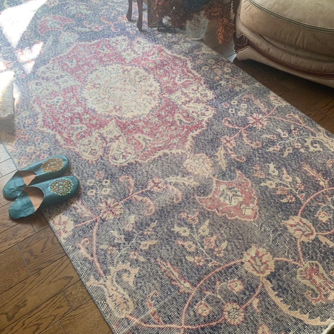 大判　ロング　251×112 トルコヴィンテージラグ　インディゴ　ローズレッド