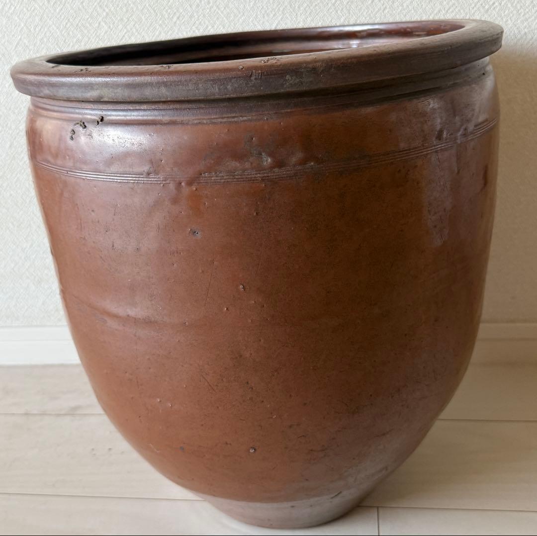 ツボ　メダカ　睡蓮　庭　壺　風情　常滑焼？ 陶器製 円筒形 鉢 約30cm以上