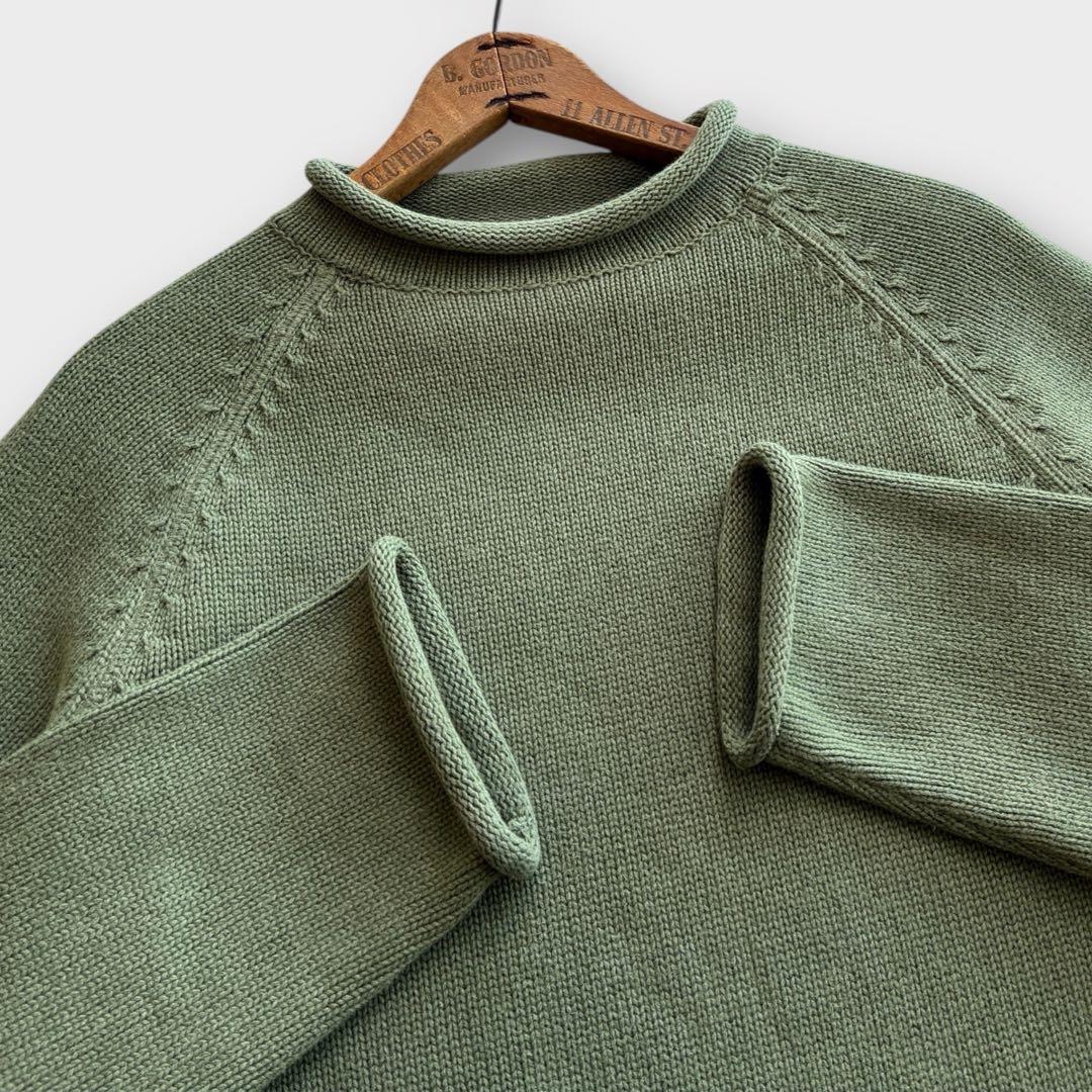 00's J.CREW ロールネック コットンニット L 若草色