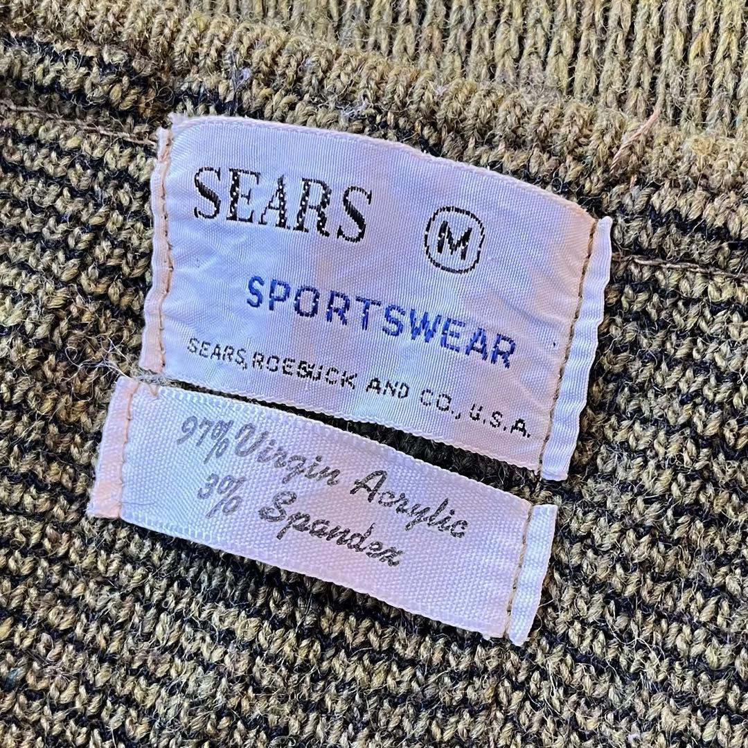 60sビンテージSearsシアーズVネック古着ニットセーターMメンズ抹茶緑中古