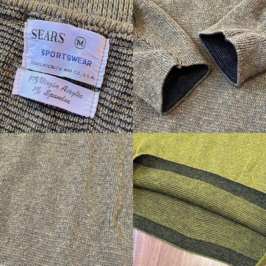 60sビンテージSearsシアーズVネック古着ニットセーターMメンズ抹茶緑中古