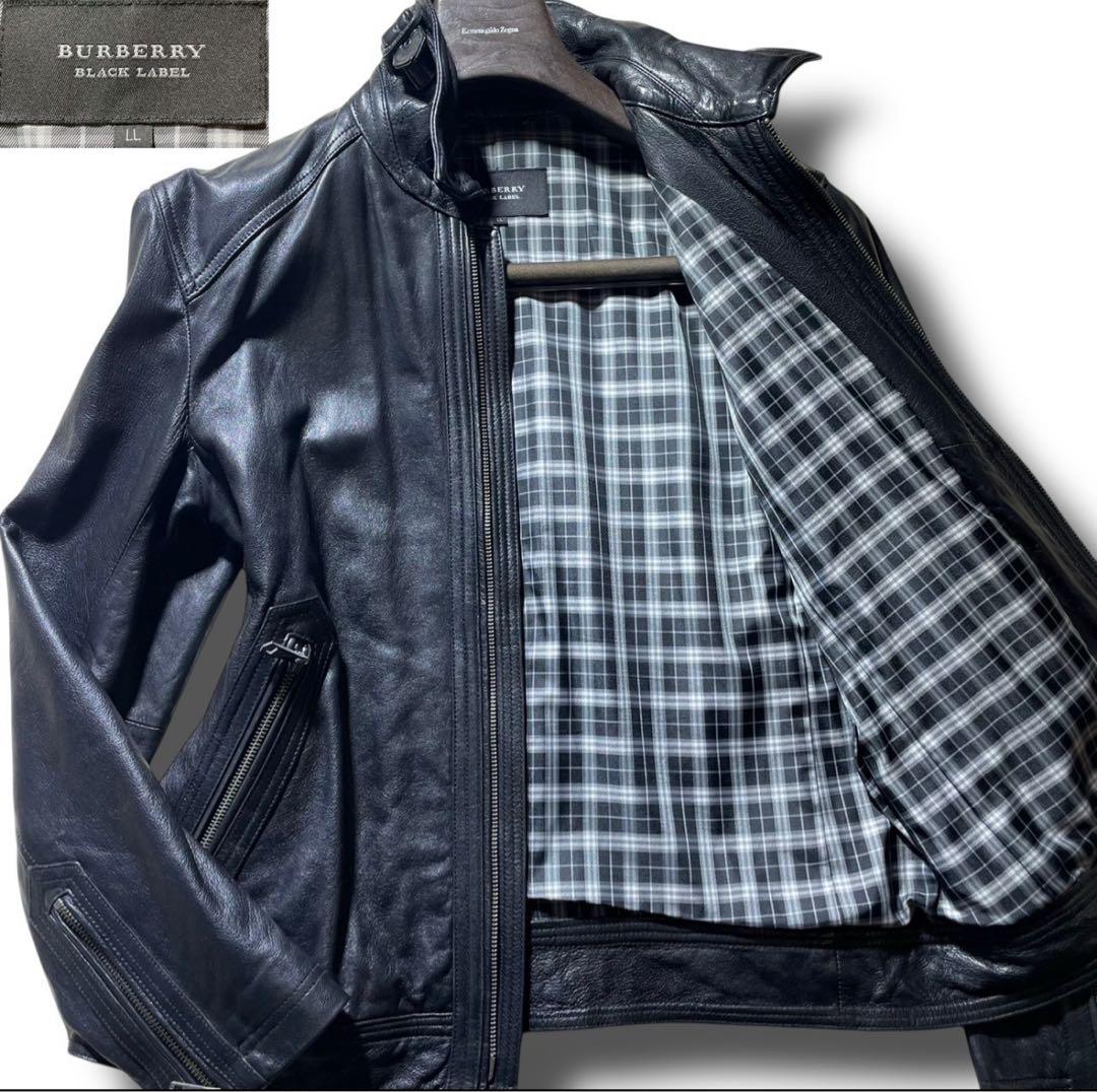 ①希少XLサイズ バーバリーブラックレーベル ライダース レザージャケット 黒