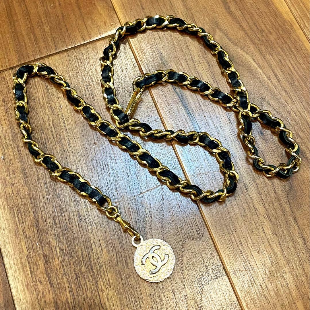 美品 CHANEL シャネル ビンテージ チェーンベルト レザー ゴールド×黒