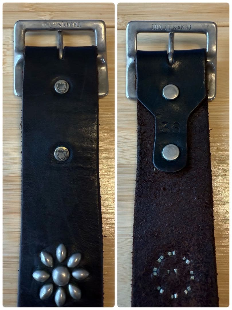 ⭐️美品⭐️HTC⭐️フラワーベルト⭐️ブラック(茶芯)レザー×シルバースタッズ⭐️36