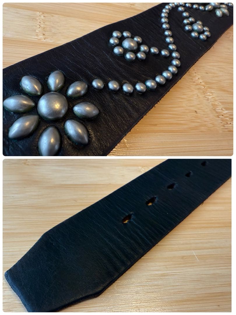 ⭐️美品⭐️HTC⭐️フラワーベルト⭐️ブラック(茶芯)レザー×シルバースタッズ⭐️36