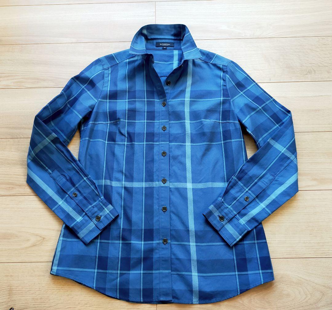 美品バーバリーロンドン 青ブルーチェック 長袖シャツ ブラウス38三陽商会