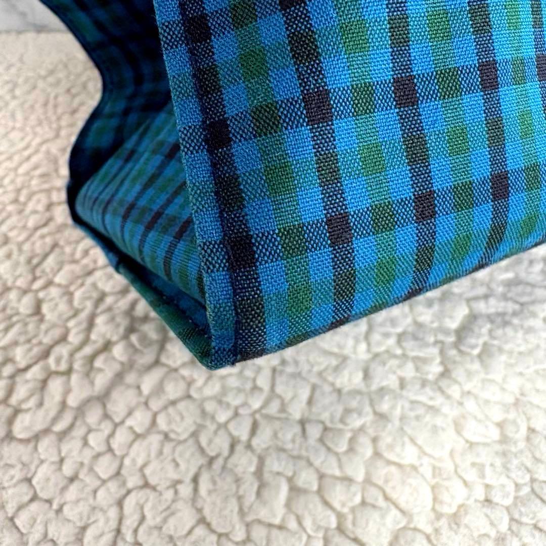 未使用級familiar 青系チェック柄大トートバッグ クマチャーム付き A4可