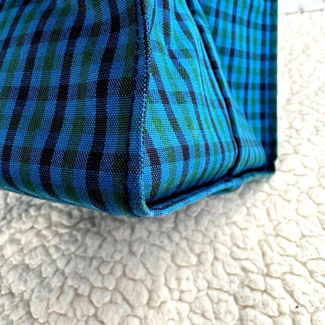 未使用級familiar 青系チェック柄大トートバッグ クマチャーム付き A4可