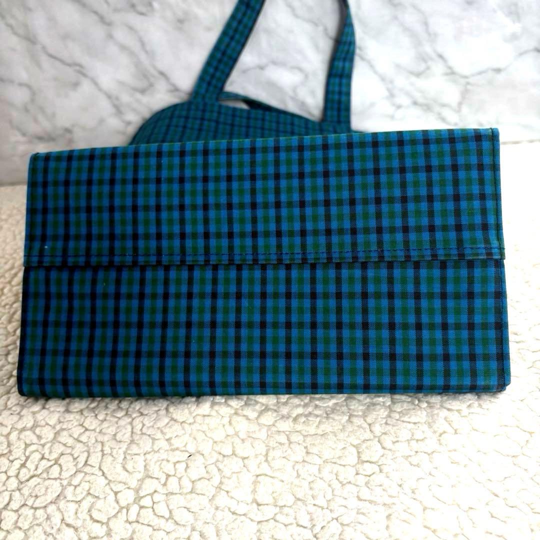 未使用級familiar 青系チェック柄大トートバッグ クマチャーム付き A4可