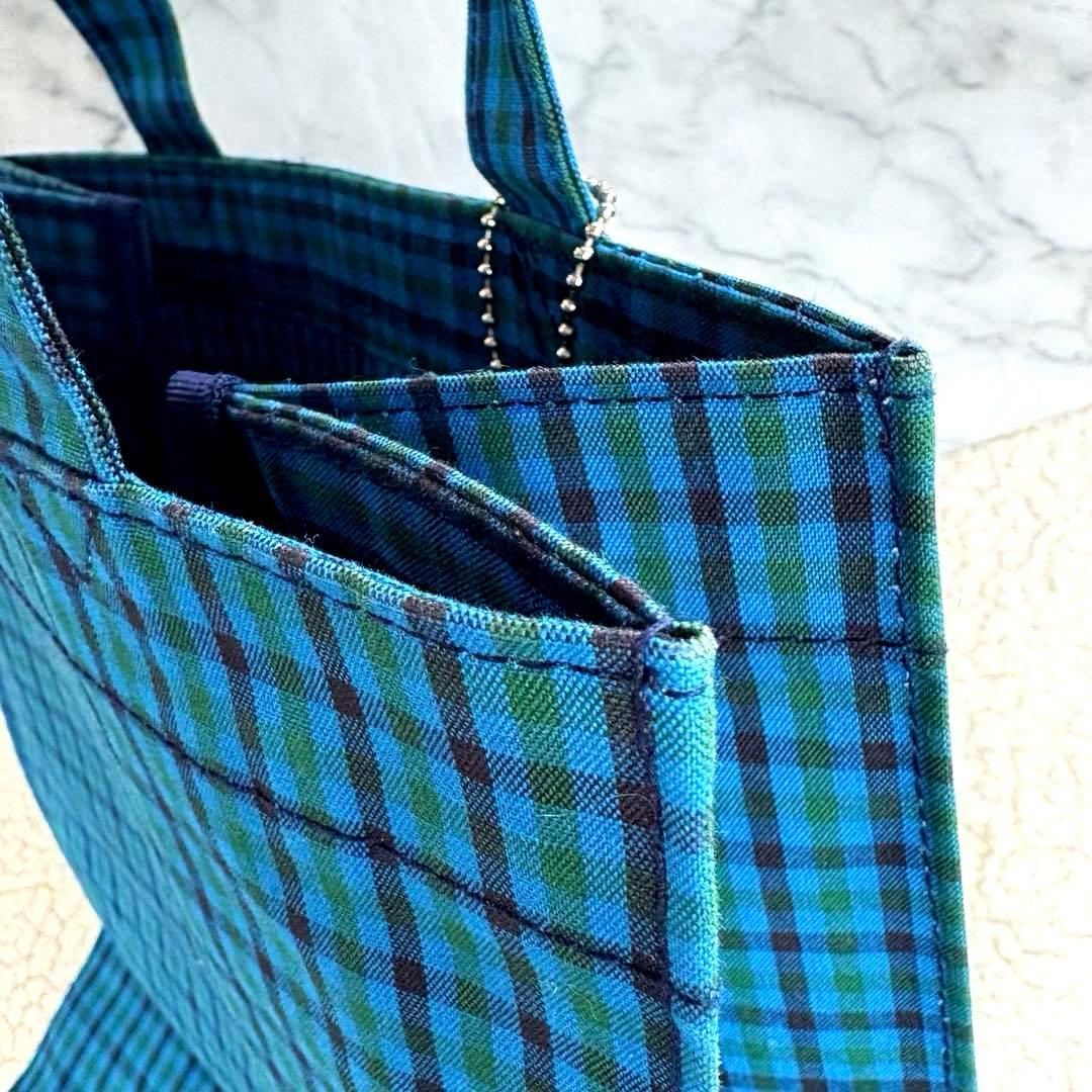 未使用級familiar 青系チェック柄大トートバッグ クマチャーム付き A4可