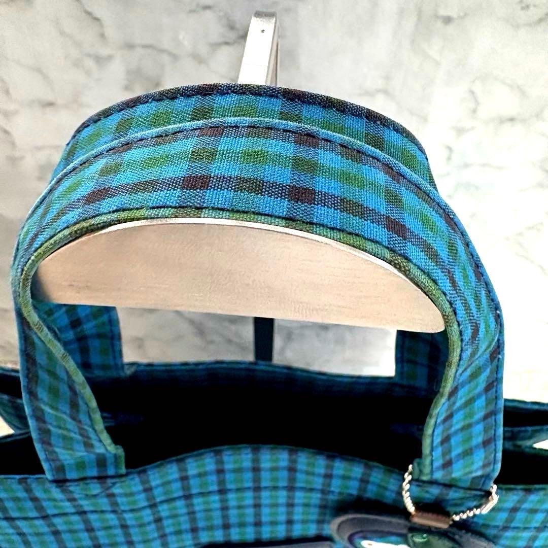 未使用級familiar 青系チェック柄大トートバッグ クマチャーム付き A4可