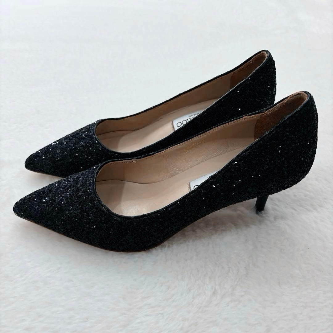 美品　ジミーチュウ　グリッター　パンプス　ラメ　ブラック　ポインテッドトゥ　37