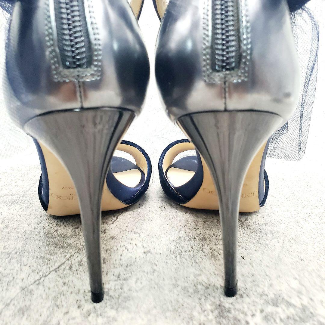 高級感✨ジミーチュウ ベルベットサンダル 37 ネイビー チュールリボン