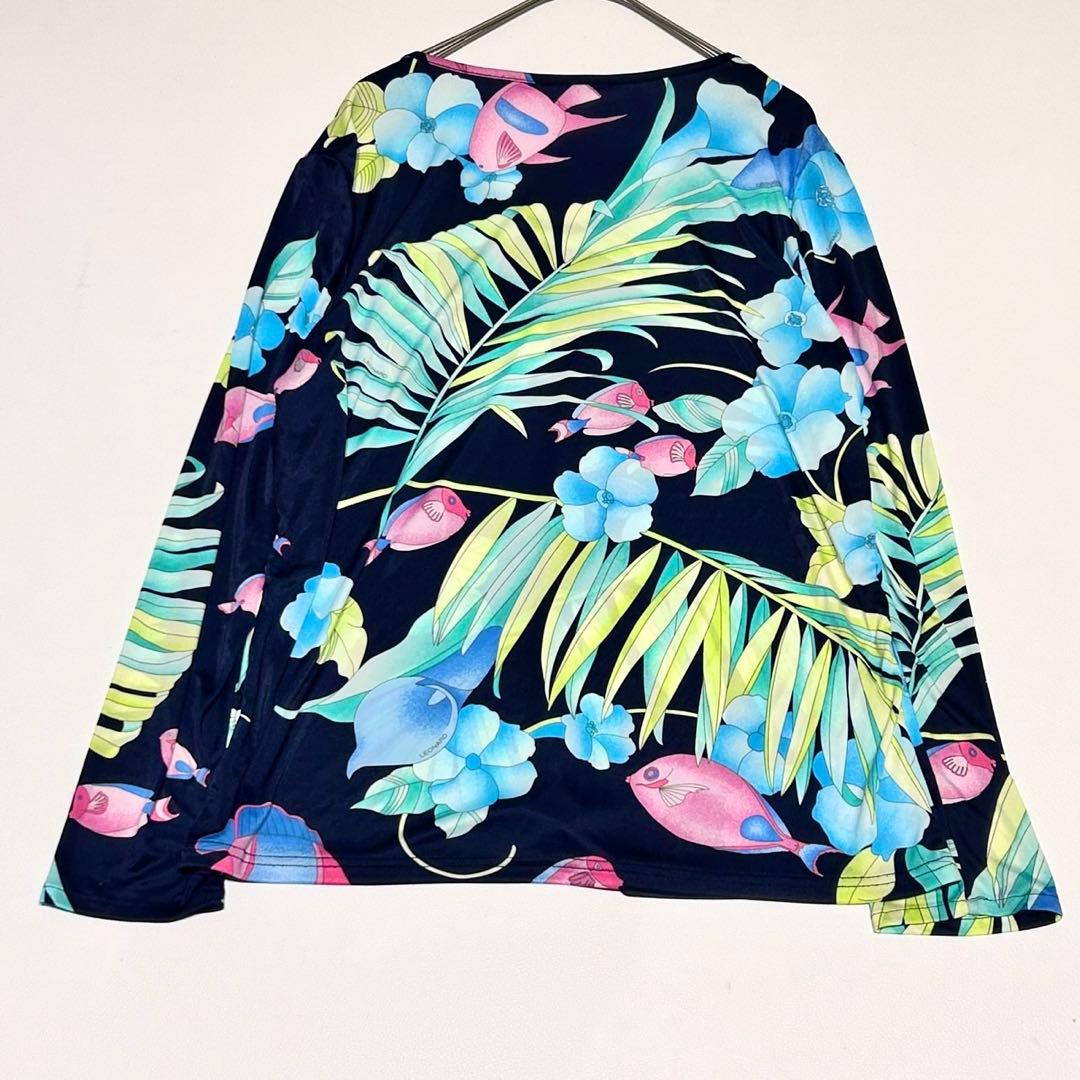 レオナール 大きいサイズ 花柄プルオーバー ブラウス ゆったり ネイビー