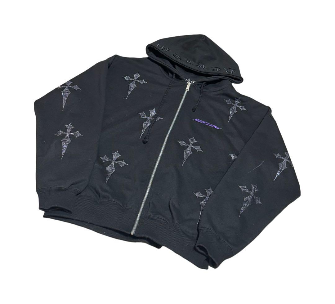 REFLEM レフレム クロス総柄 ラインストーン 十字架 パーカー 黒×紫