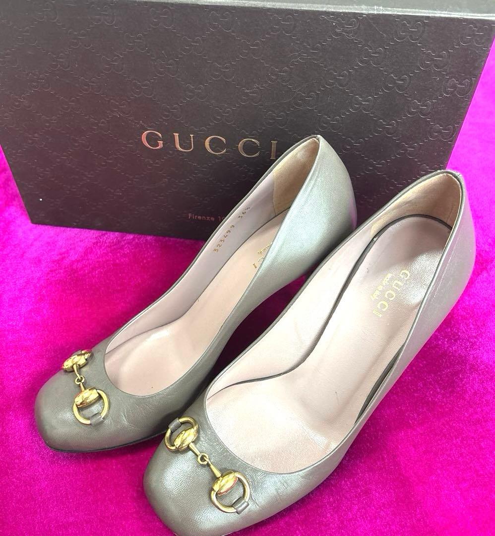 GUCCI グッチ ゴールドホースビットデザインラウンドトゥパンプス ブラウン