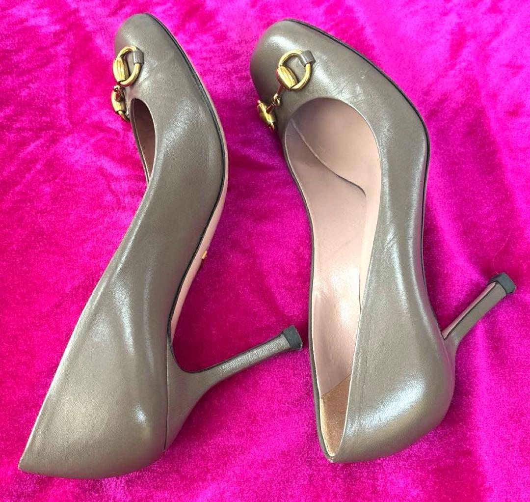 GUCCI グッチ ゴールドホースビットデザインラウンドトゥパンプス ブラウン