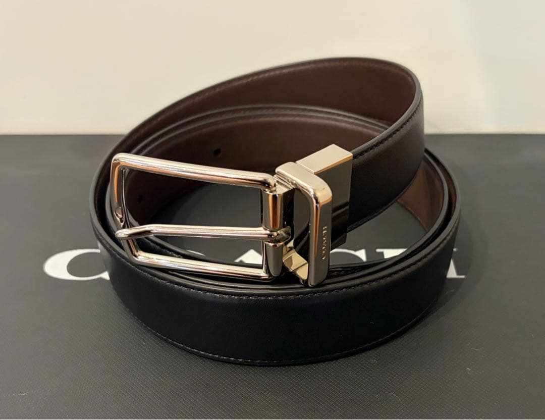 COACH メンズブラックレザー ベルト　リバーシブルベルト