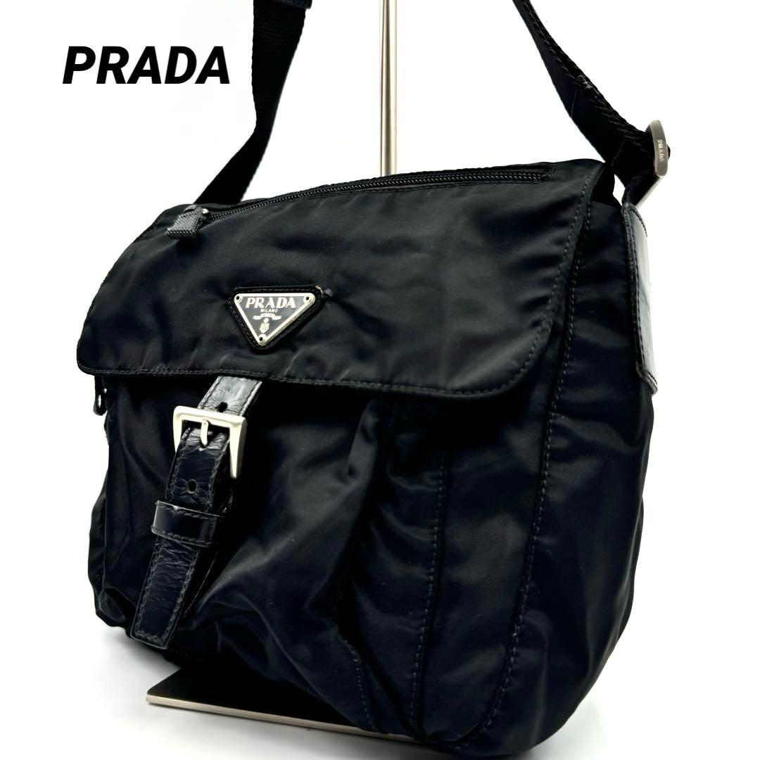 PRADA ショルダーバッグ　ブラック　ナイロン　レザー　三角ロゴ