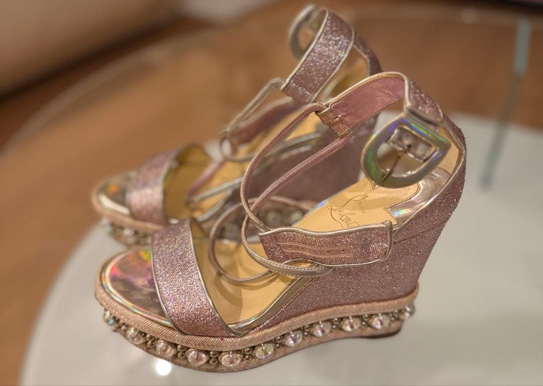 Christian louboutin ルブタン38ピンクグリッターウェッジ