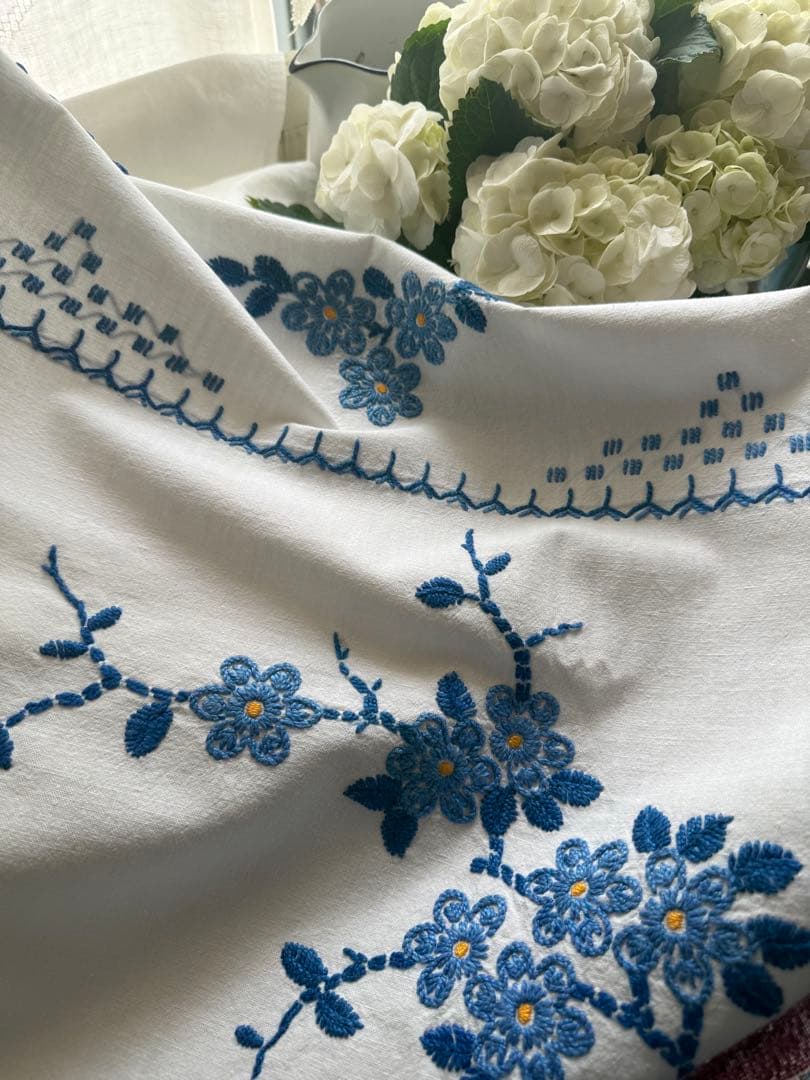 お客ஐ⋆*フランスアンティーク・ブルーの花柄刺繍とレースの大判クロス