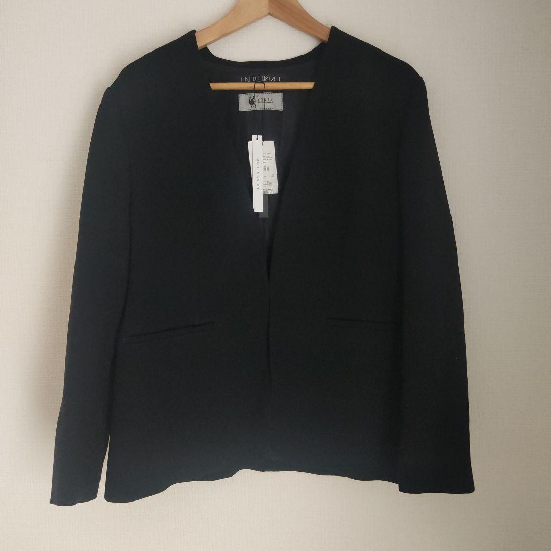 新品indivi vai スーツ　セットアップ　ノーカラー　黒　インディヴィXL