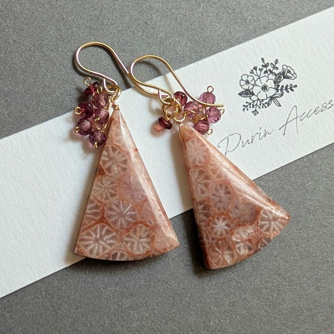 ピンクフォッシルコーラル ピアス