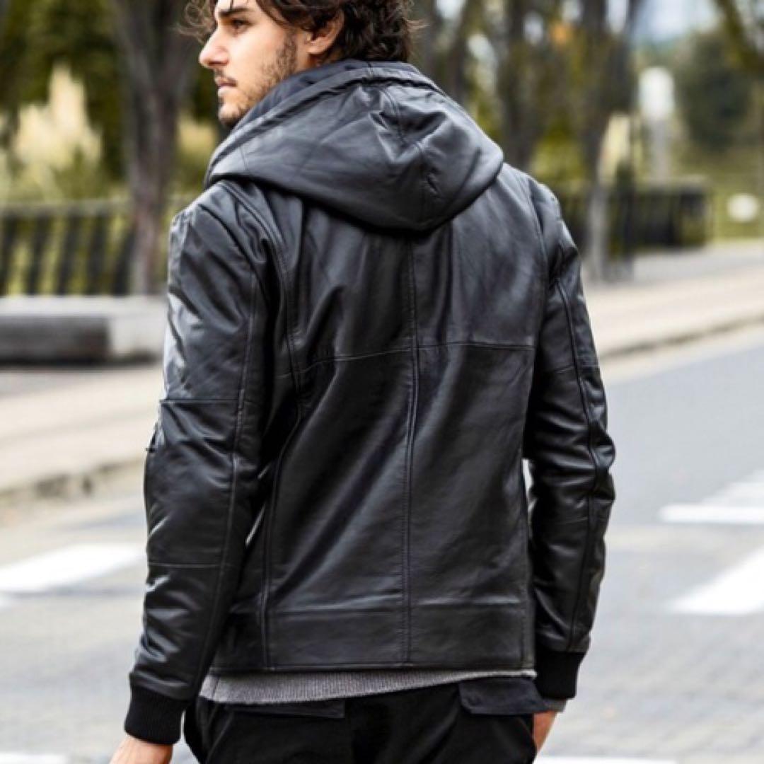 訳あり　AKM Contemporary レザーフード ライダースジャケット