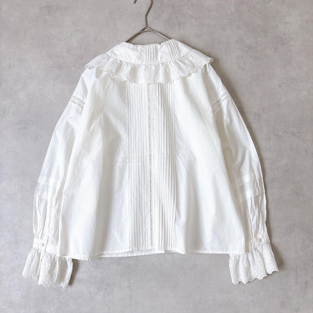 ドットアンドストライプス ピンタック レースブラウス 白 コットン F