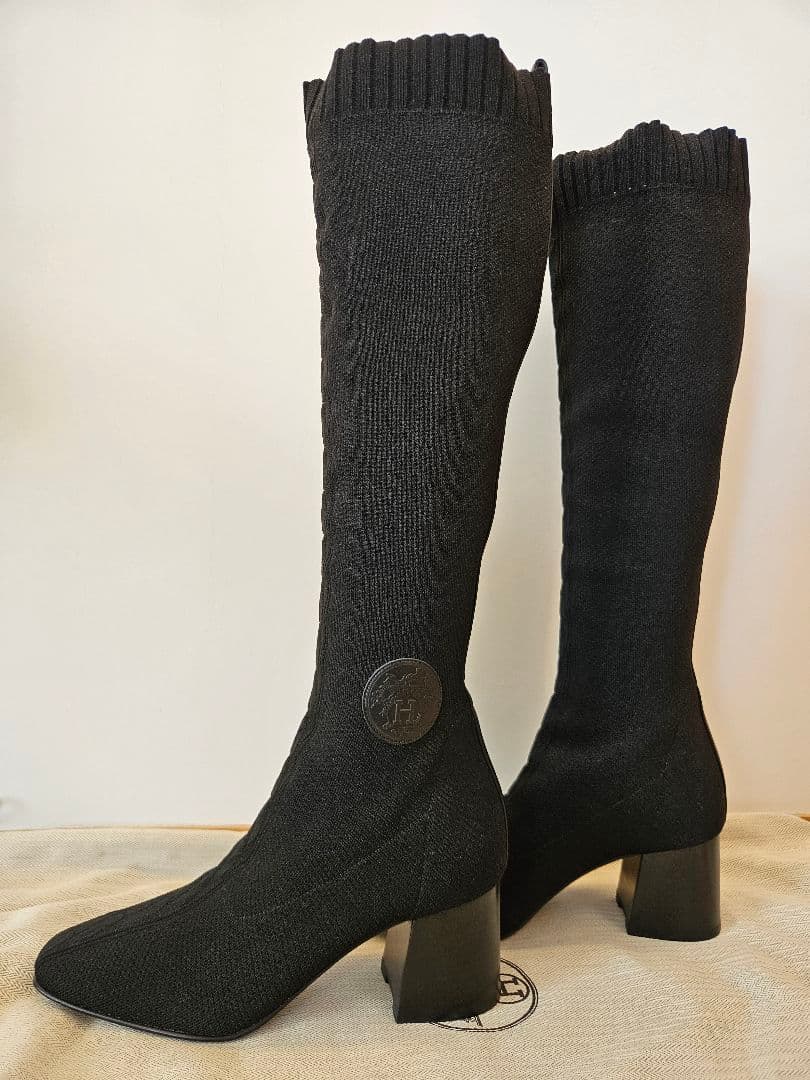 エルメス　フォンティーヌ　ロングブーツ　ニットブーツ　黒　ヒール