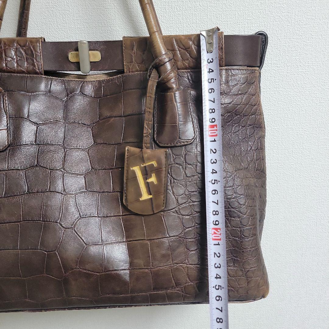 FURLA クロコダイル 型押し レザートートバッグ Fロゴ ブラウン 本革