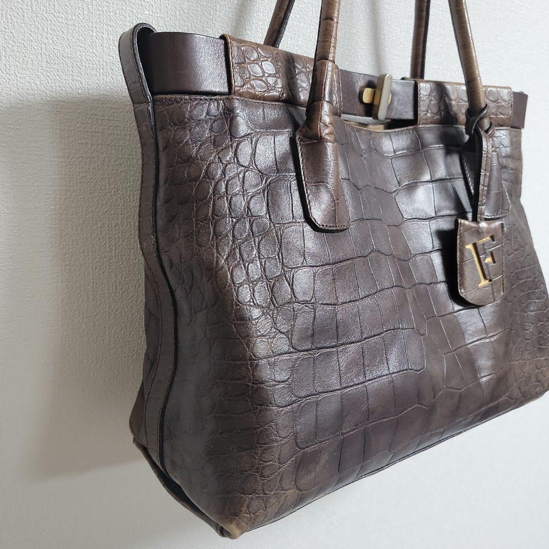 FURLA クロコダイル 型押し レザートートバッグ Fロゴ ブラウン 本革