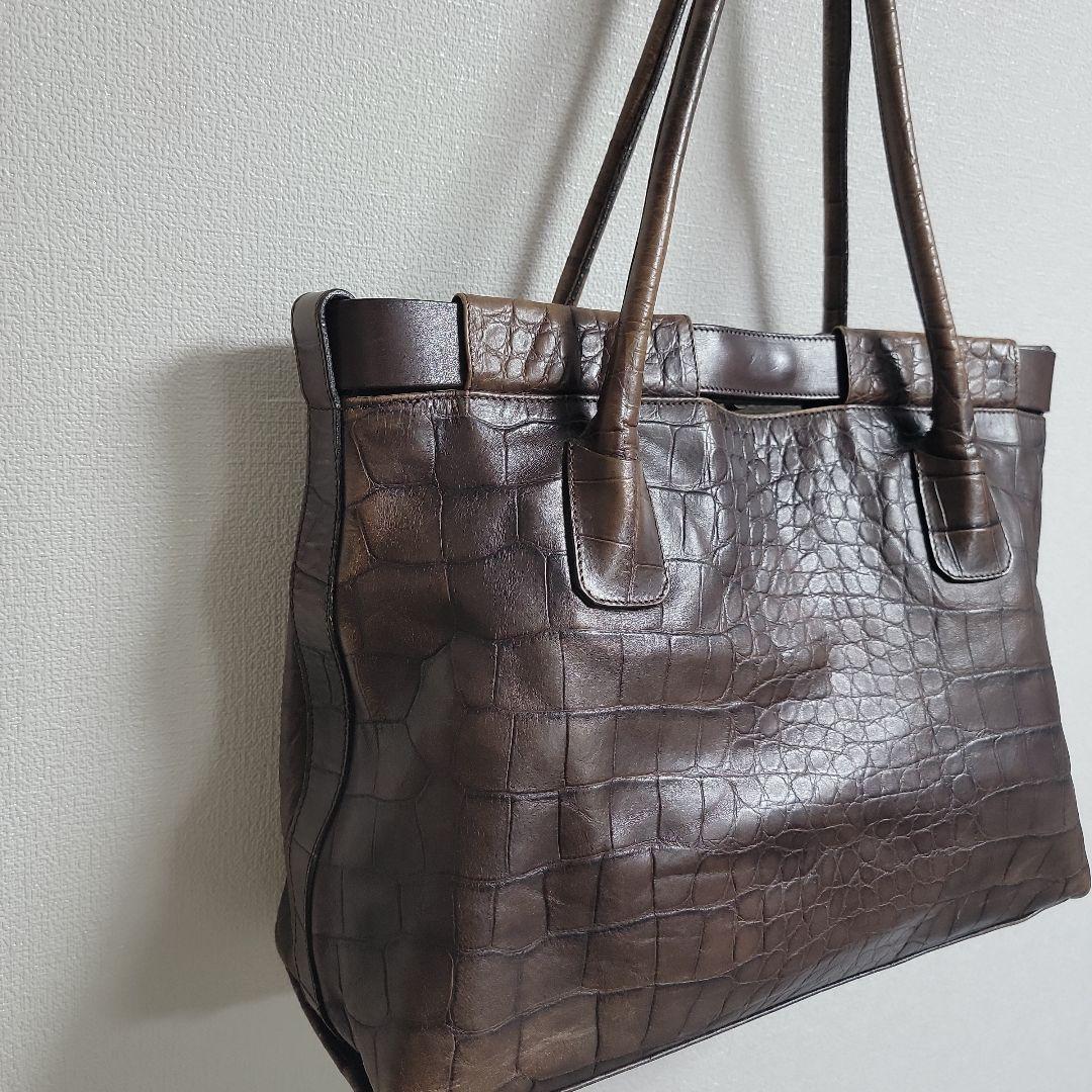 FURLA クロコダイル 型押し レザートートバッグ Fロゴ ブラウン 本革